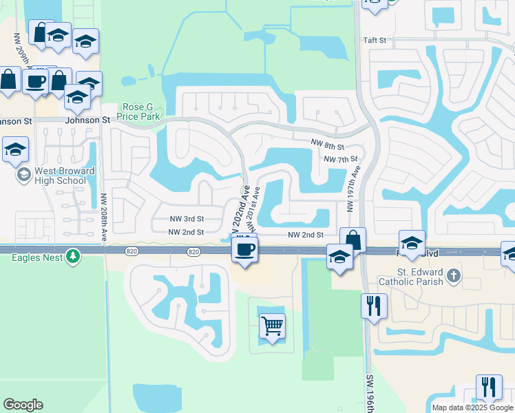 map of restaurants, bars, coffee shops, grocery stores, and more near 411 Northwest 201st Avenue in Pembroke Pines