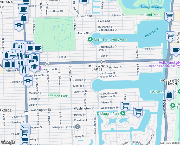 map of restaurants, bars, coffee shops, grocery stores, and more near 1231 Van Buren Street in Hollywood