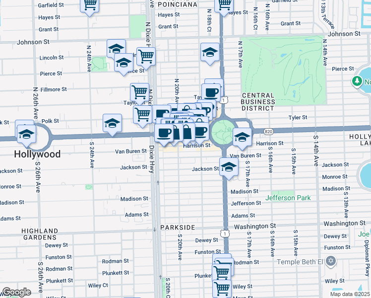 map of restaurants, bars, coffee shops, grocery stores, and more near 1940 Harrison Street in Hollywood