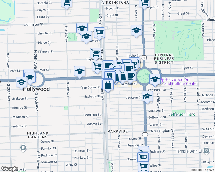 map of restaurants, bars, coffee shops, grocery stores, and more near 2035 Van Buren Street in Hollywood