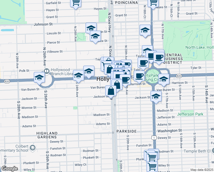 map of restaurants, bars, coffee shops, grocery stores, and more near 2100 Van Buren Street in Hollywood