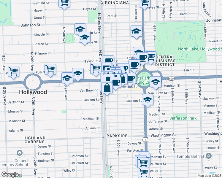 map of restaurants, bars, coffee shops, grocery stores, and more near 2035 Van Buren Street in Hollywood