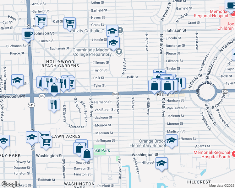 map of restaurants, bars, coffee shops, grocery stores, and more near Hollywood Blvd & N 52nd Ave in Hollywood
