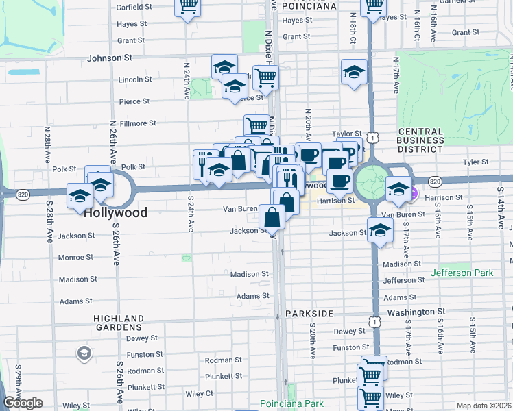 map of restaurants, bars, coffee shops, grocery stores, and more near 2150 Van Buren Street in Hollywood