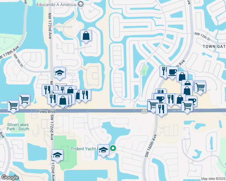 map of restaurants, bars, coffee shops, grocery stores, and more near 340 Northwest 166th Avenue in Pembroke Pines