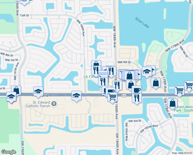 map of restaurants, bars, coffee shops, grocery stores, and more near 18445 Pines Boulevard in Pembroke Pines