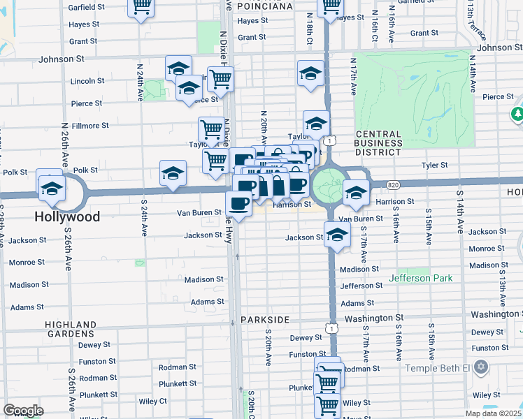map of restaurants, bars, coffee shops, grocery stores, and more near 1940 Harrison Street in Hollywood