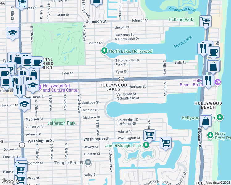 map of restaurants, bars, coffee shops, grocery stores, and more near 303 South 12th Avenue in Hollywood