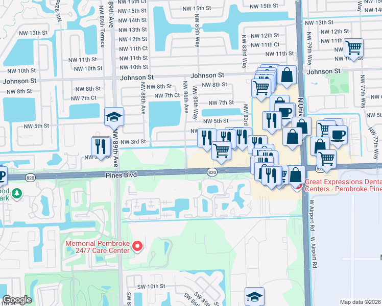 map of restaurants, bars, coffee shops, grocery stores, and more near 8569 Pines Boulevard in Pembroke Pines