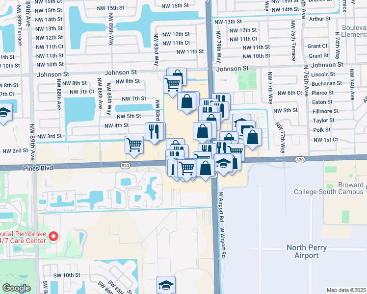 map of restaurants, bars, coffee shops, grocery stores, and more near 130 North University Drive in Pembroke Pines