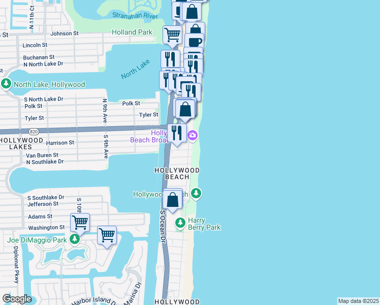 map of restaurants, bars, coffee shops, grocery stores, and more near 300 South Broadwalk in Hollywood