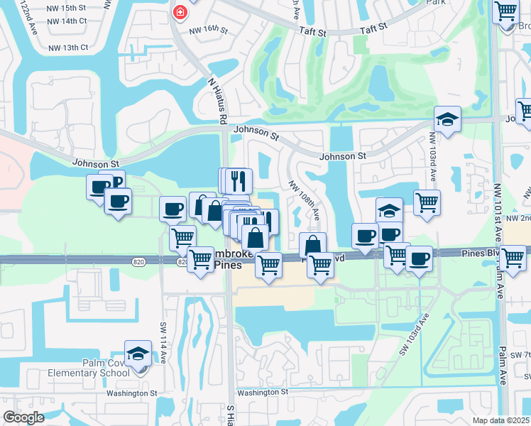 map of restaurants, bars, coffee shops, grocery stores, and more near 11001 Pines Boulevard in Pembroke Pines