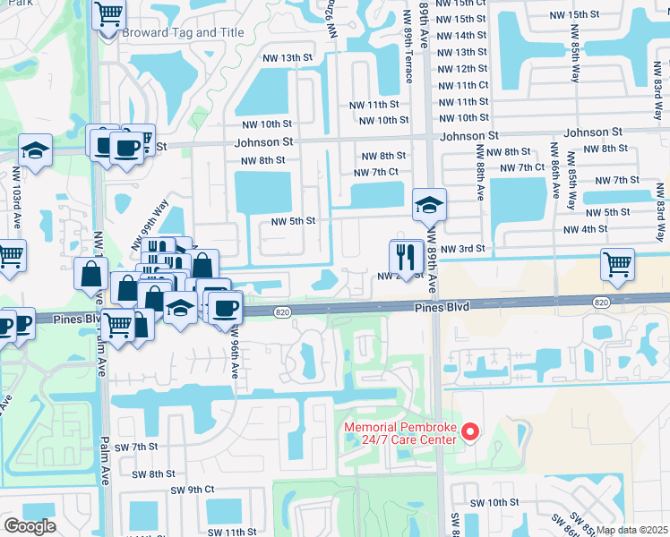 map of restaurants, bars, coffee shops, grocery stores, and more near 176 Northwest 92nd Avenue in Pembroke Pines