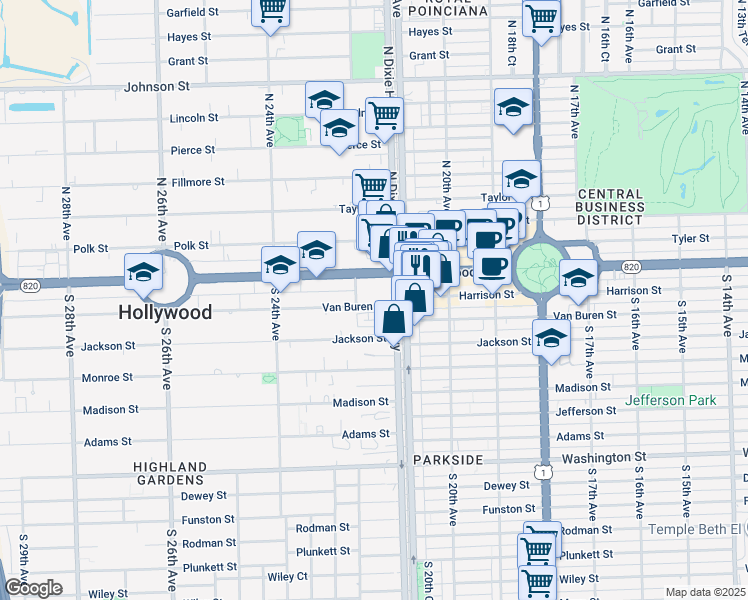 map of restaurants, bars, coffee shops, grocery stores, and more near 2100 Van Buren Street in Hollywood