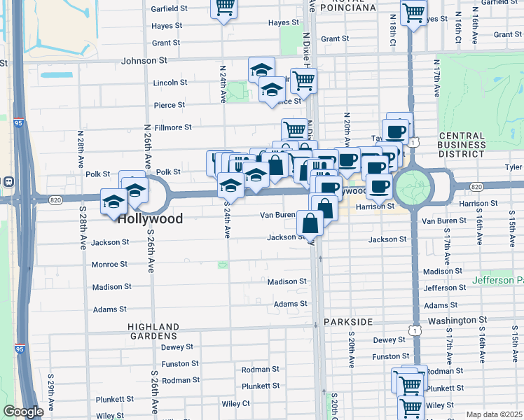map of restaurants, bars, coffee shops, grocery stores, and more near 2240 Van Buren Street in Hollywood