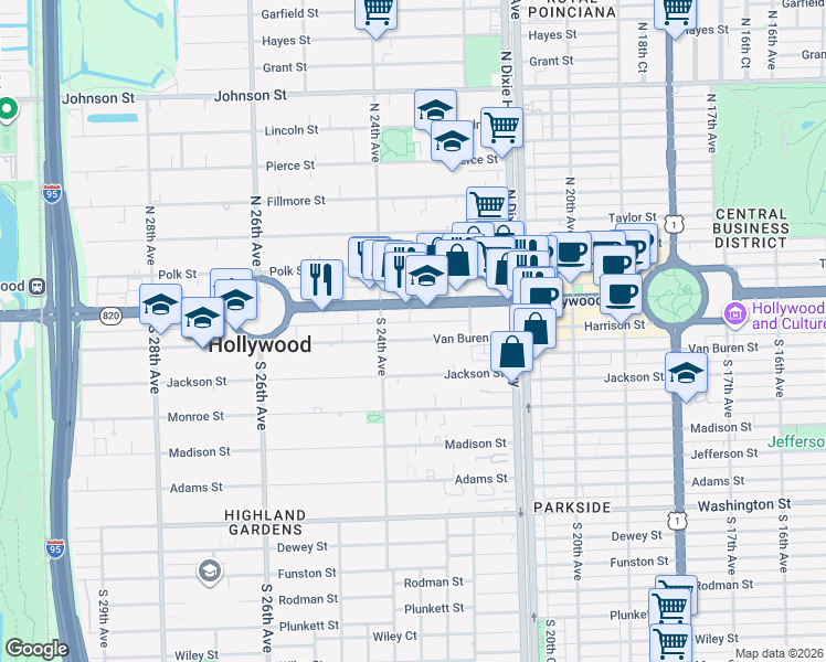 map of restaurants, bars, coffee shops, grocery stores, and more near 2240 Van Buren Street in Hollywood