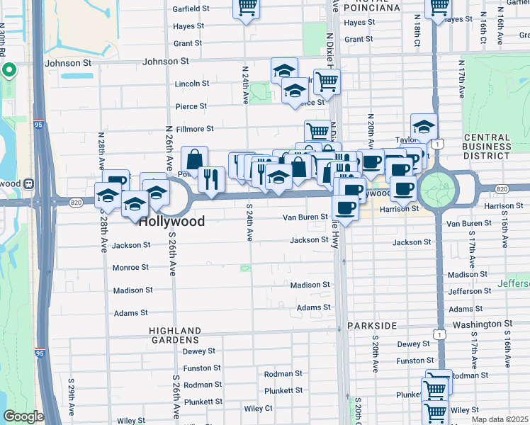 map of restaurants, bars, coffee shops, grocery stores, and more near 307 South 24th Avenue in Hollywood