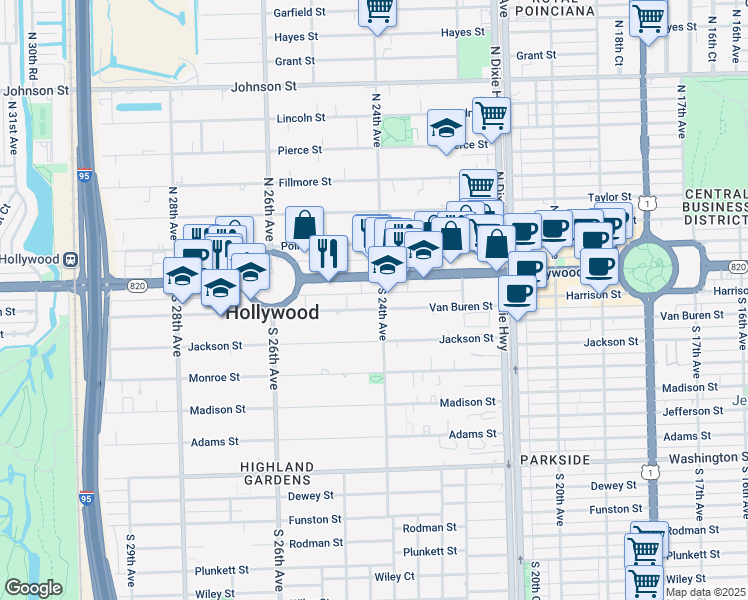 map of restaurants, bars, coffee shops, grocery stores, and more near 2423 Van Buren Street in Hollywood
