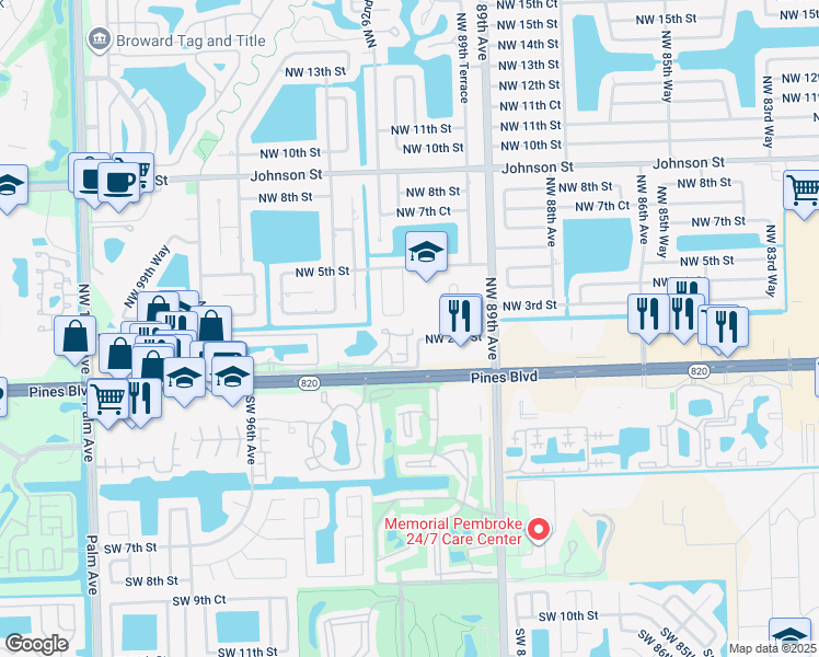 map of restaurants, bars, coffee shops, grocery stores, and more near 3443 Northwest 2nd Street in Pembroke Pines