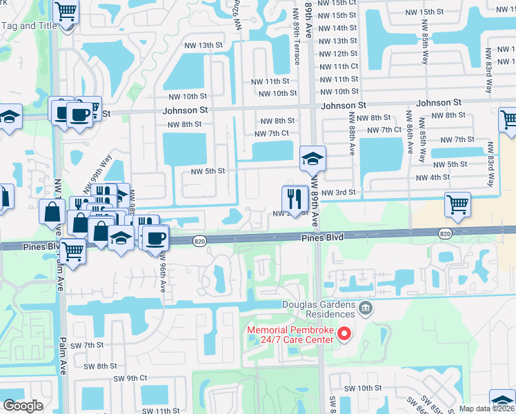 map of restaurants, bars, coffee shops, grocery stores, and more near 154 Northwest 92nd Avenue in Pembroke Pines