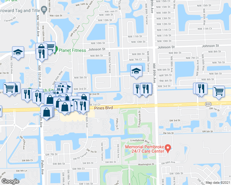 map of restaurants, bars, coffee shops, grocery stores, and more near 157 Northwest 93rd Avenue in Pembroke Pines