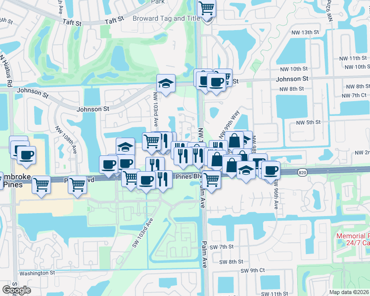 map of restaurants, bars, coffee shops, grocery stores, and more near 10220 Northwest 3rd Street in Pembroke Pines