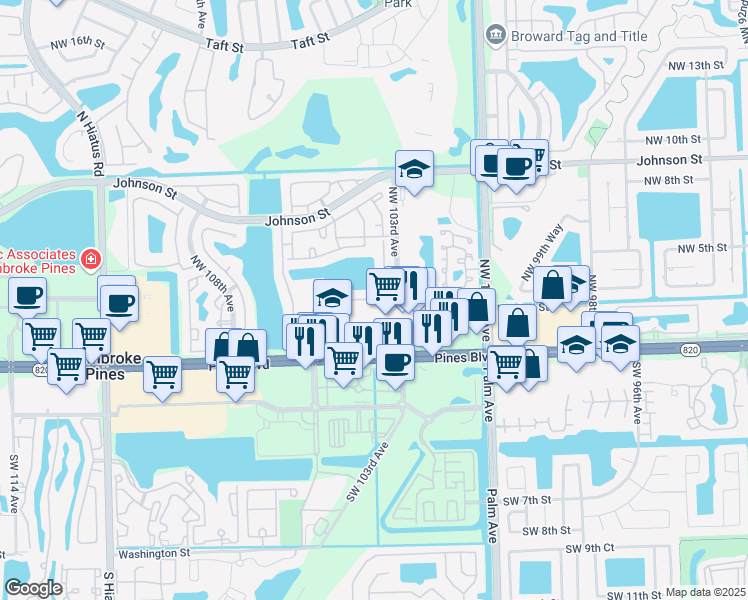 map of restaurants, bars, coffee shops, grocery stores, and more near 10372 Northwest 3rd Street in Pembroke Pines