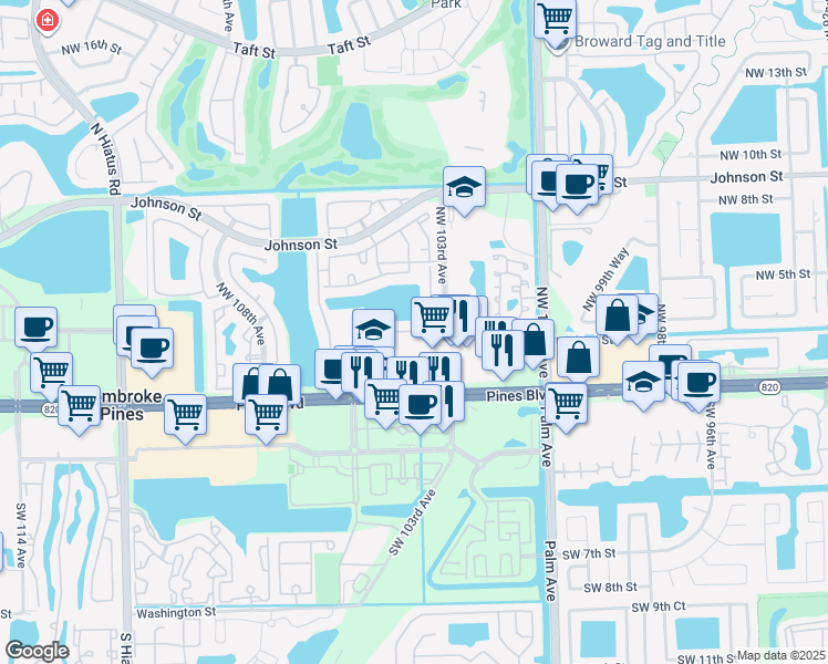 map of restaurants, bars, coffee shops, grocery stores, and more near 10372 Northwest 3rd Street in Pembroke Pines