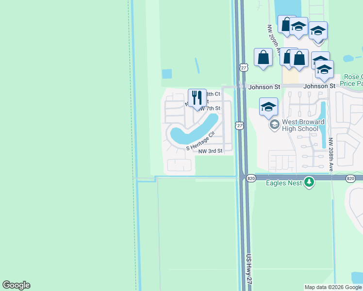 map of restaurants, bars, coffee shops, grocery stores, and more near 21790 Northwest 3rd Street in Pembroke Pines
