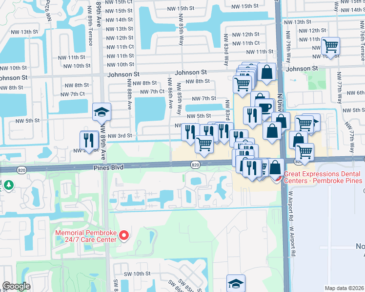 map of restaurants, bars, coffee shops, grocery stores, and more near 8569 Pines Boulevard in Pembroke Pines