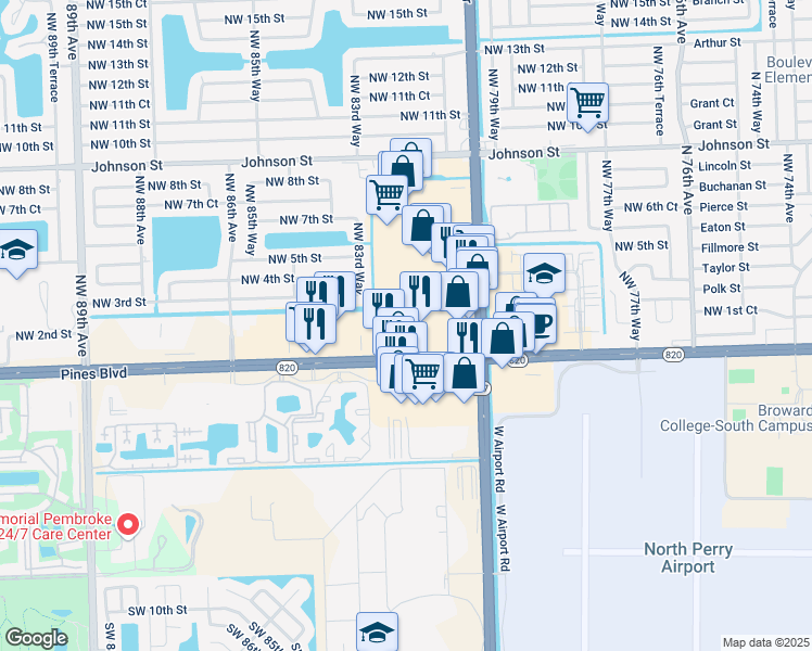 map of restaurants, bars, coffee shops, grocery stores, and more near 130 North University Drive in Pembroke Pines