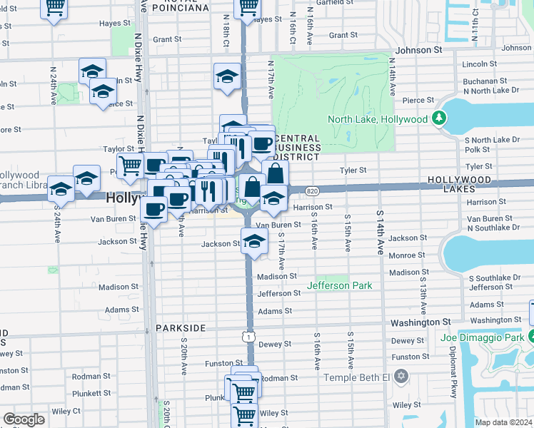 map of restaurants, bars, coffee shops, grocery stores, and more near 1727 Van Buren Street in Hollywood