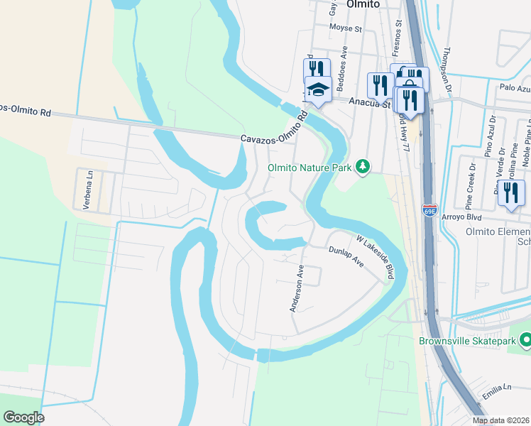 map of restaurants, bars, coffee shops, grocery stores, and more near 7400 Lago Escondido Drive in Olmito