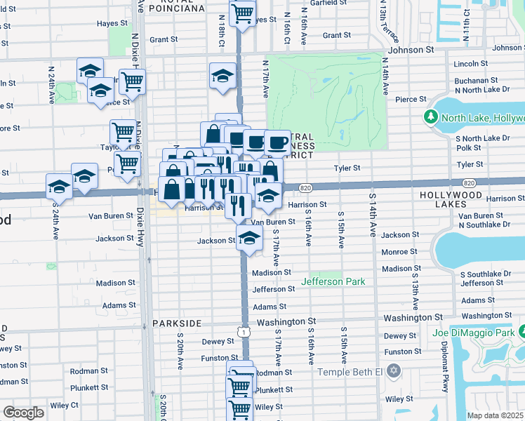 map of restaurants, bars, coffee shops, grocery stores, and more near 1727 Van Buren Street in Hollywood