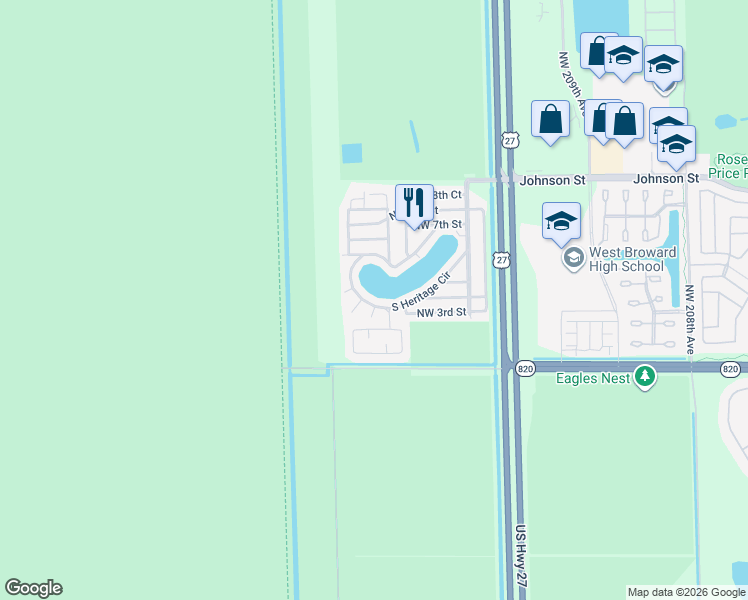 map of restaurants, bars, coffee shops, grocery stores, and more near 21851 South Heritage Circle in Pembroke Pines