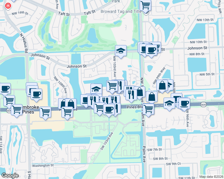 map of restaurants, bars, coffee shops, grocery stores, and more near 10372 Northwest 3rd Street in Pembroke Pines