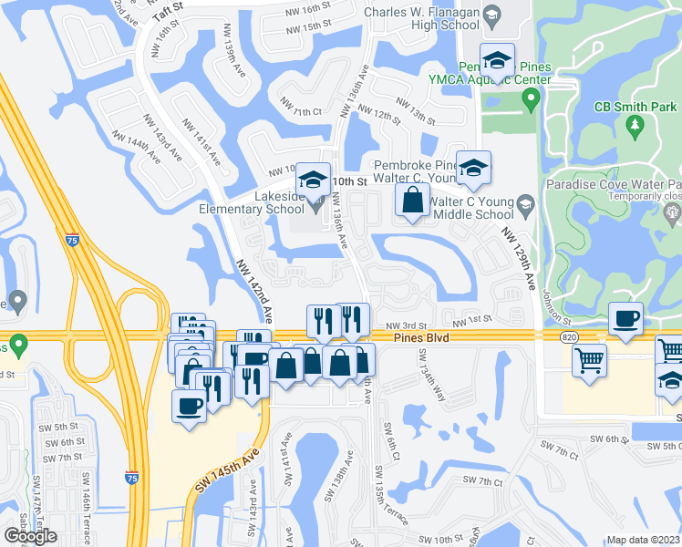 map of restaurants, bars, coffee shops, grocery stores, and more near 13652 Northwest 4th Street in Pembroke Pines