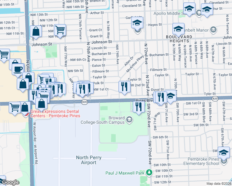 map of restaurants, bars, coffee shops, grocery stores, and more near 7401 Pines Boulevard in Pembroke Pines