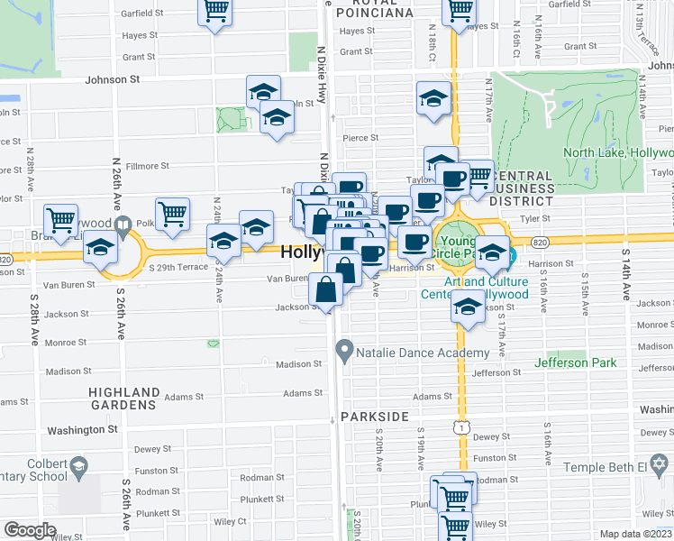 map of restaurants, bars, coffee shops, grocery stores, and more near 204 South 21st Avenue in Hollywood