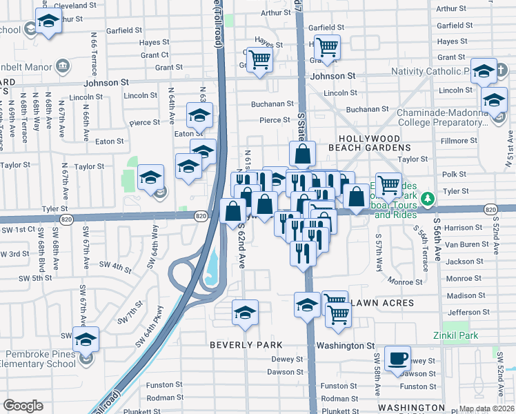 map of restaurants, bars, coffee shops, grocery stores, and more near in Hollywood
