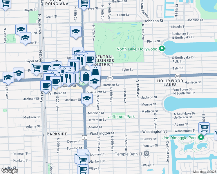 map of restaurants, bars, coffee shops, grocery stores, and more near 218 South 16th Avenue in Hollywood