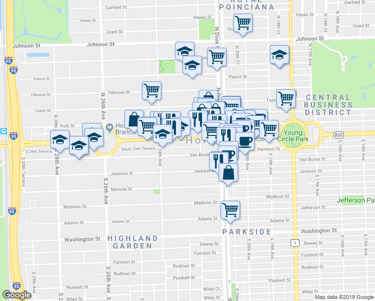 map of restaurants, bars, coffee shops, grocery stores, and more near 2240 Van Buren Street in Hollywood