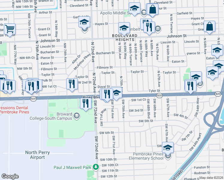map of restaurants, bars, coffee shops, grocery stores, and more near 7040 Tyler Street in Hollywood