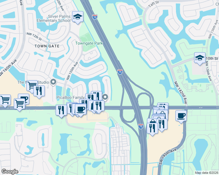 map of restaurants, bars, coffee shops, grocery stores, and more near 230 Northwest 151st Avenue in Pembroke Pines