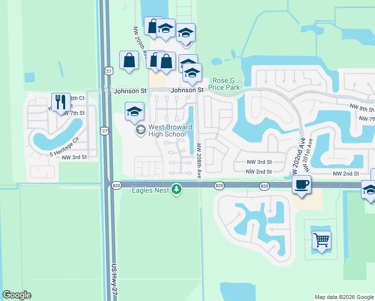 map of restaurants, bars, coffee shops, grocery stores, and more near 20813 Northwest 2nd Street in Pembroke Pines