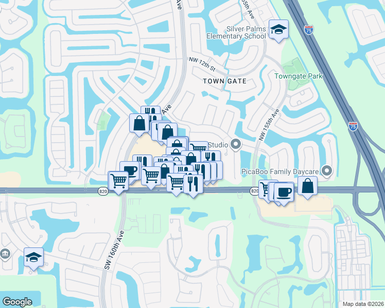 map of restaurants, bars, coffee shops, grocery stores, and more near 317 Northwest 159th Avenue in Pembroke Pines