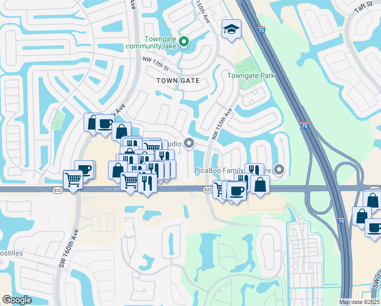 map of restaurants, bars, coffee shops, grocery stores, and more near 421 Northwest 156th Lane in Pembroke Pines