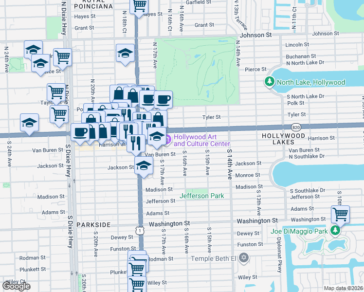 map of restaurants, bars, coffee shops, grocery stores, and more near 218 South 16th Avenue in Hollywood
