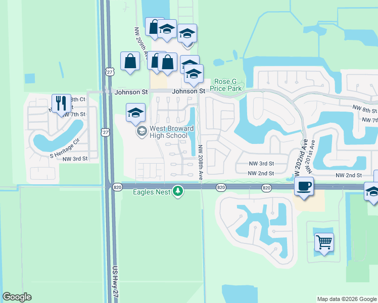 map of restaurants, bars, coffee shops, grocery stores, and more near 20813 Northwest 2nd Street in Pembroke Pines