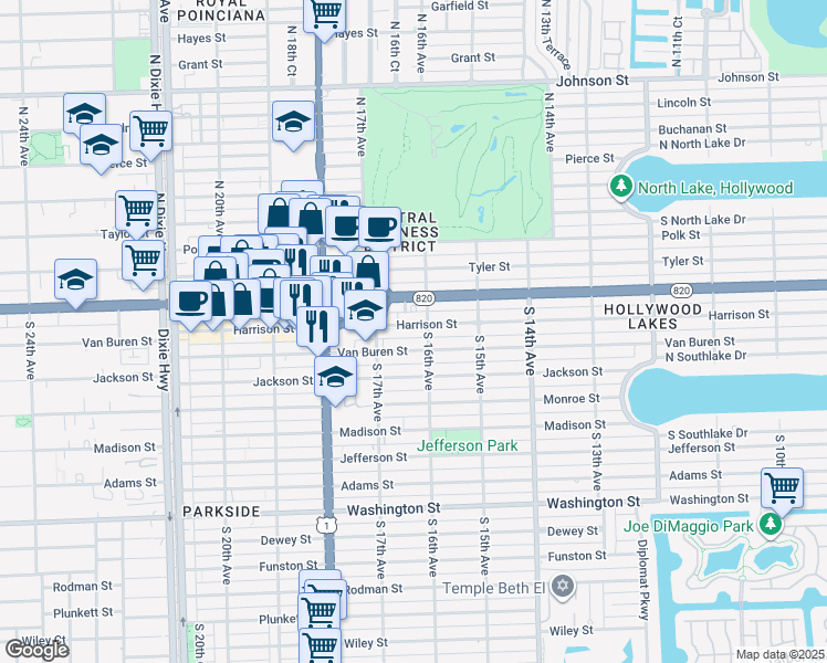 map of restaurants, bars, coffee shops, grocery stores, and more near 218 South 16th Avenue in Hollywood